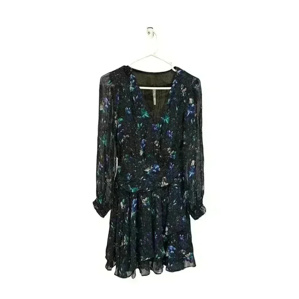 Anthropologie Black Ruched Floral Mini Dress Size S, Pre-Owned